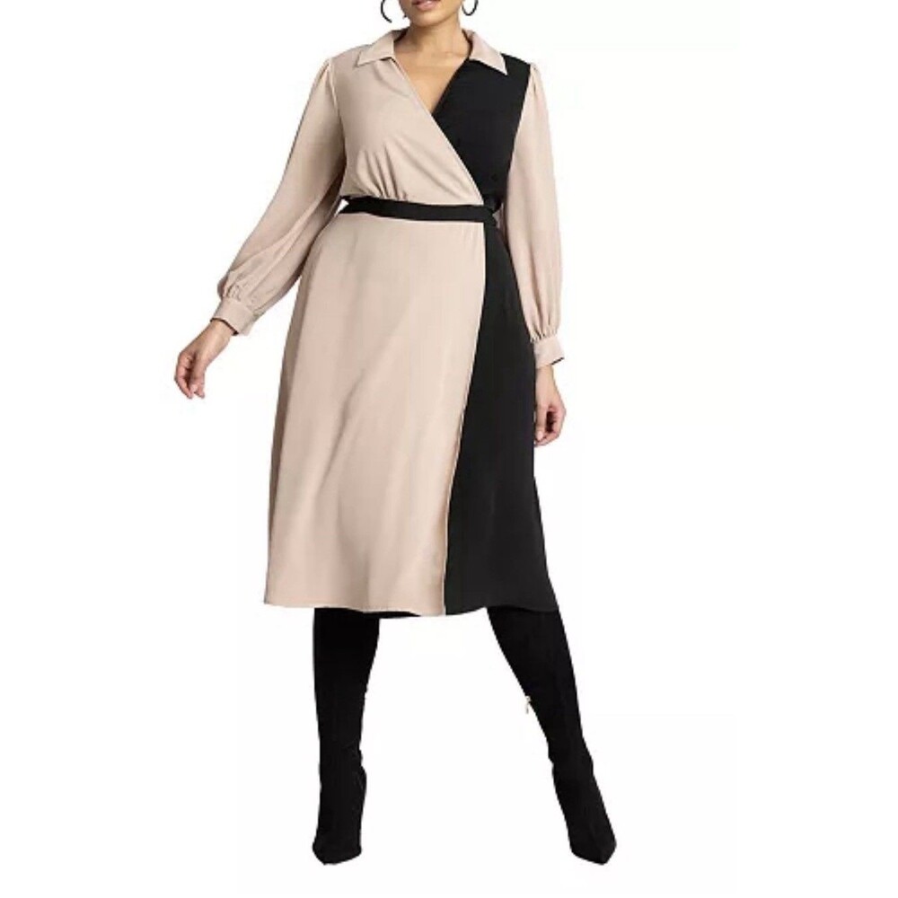 Eloquii Two-Tone Long Sleeve Wrap Dress in Beige and Black